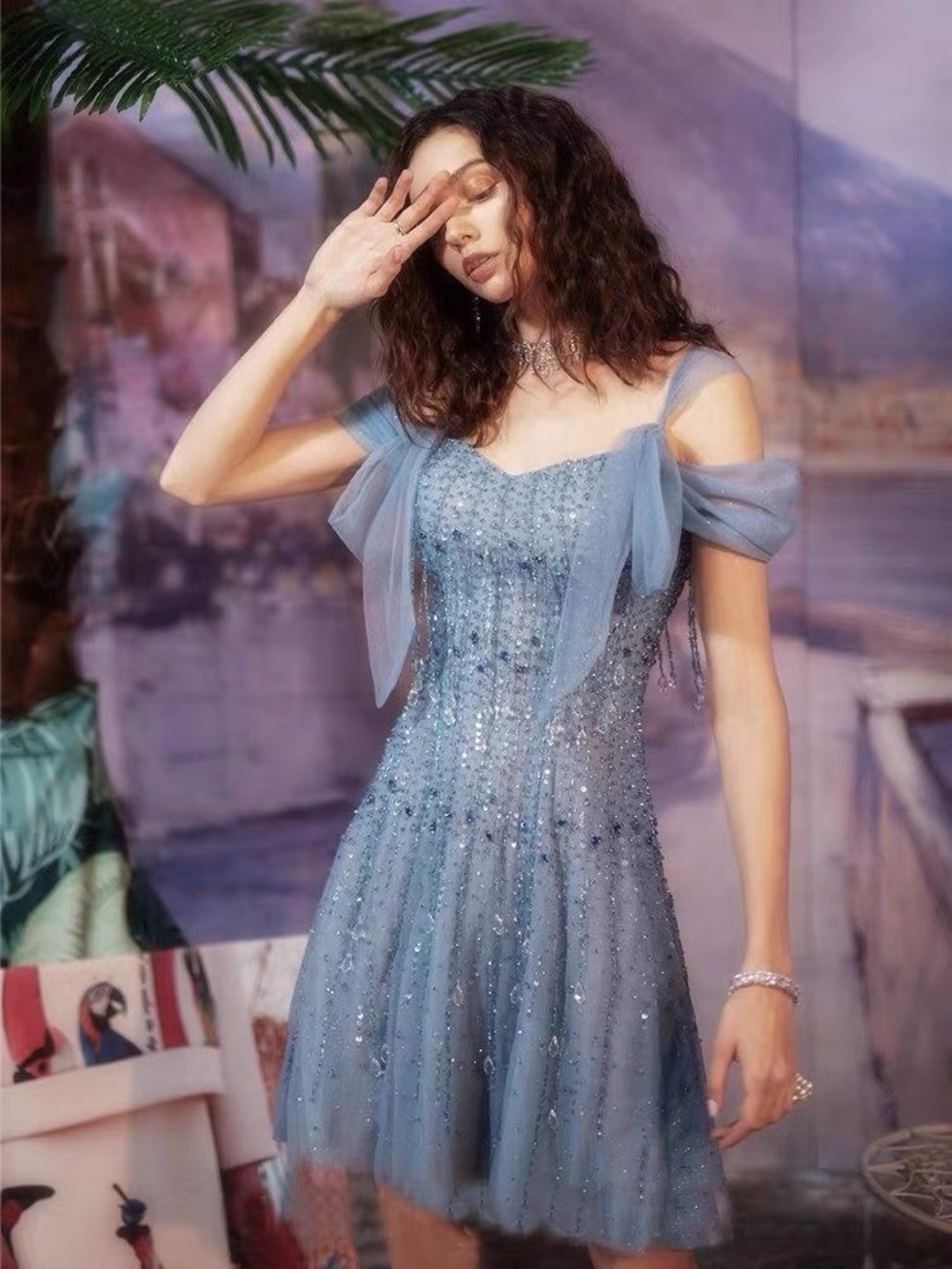 Blue Beaded Off Shoulder Fairy Mini Dress | Size M